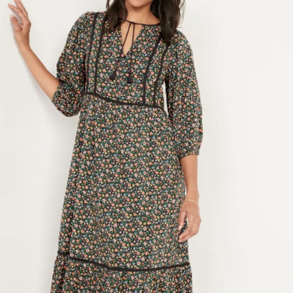 Tie Neck 3/4 Sleeve Piped Black Multi Floral